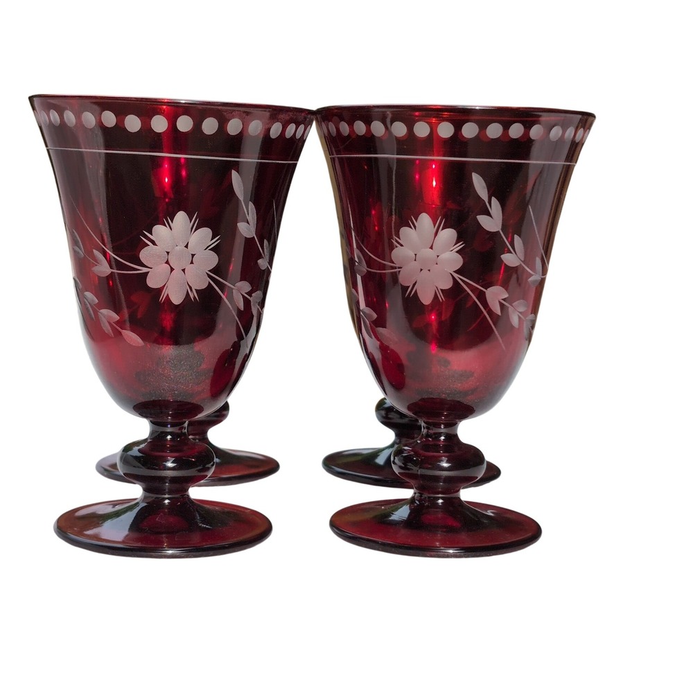 Williams Sonoma Goblet Set Ruby Red Vintage Cut to Clear Floral Glass Etched 4pc